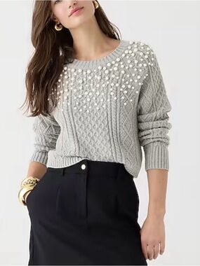 J. Crew Gray Cable Knit Crew Neck Sweater with Beading
